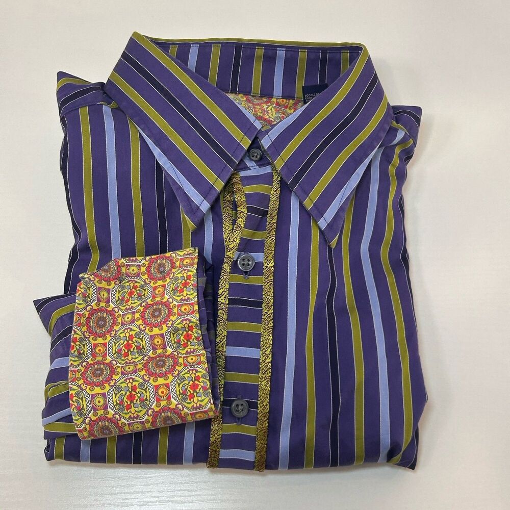 Robert Graham Shirt Mens XL Striped Embroidered Flip Cuff Button‎ Up Long Sleeve